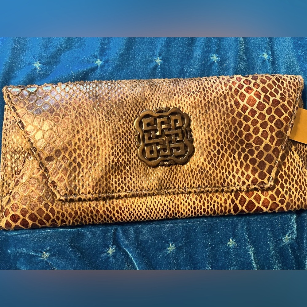 Brown snakeskin envelope clutch by DEE. Faux snake. Fabric is soft-looks real.